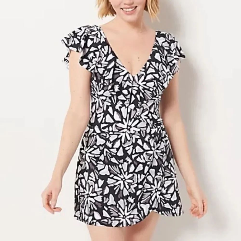 Denim & Co. Beach Surplice Flounce Sleeve Swim Dress